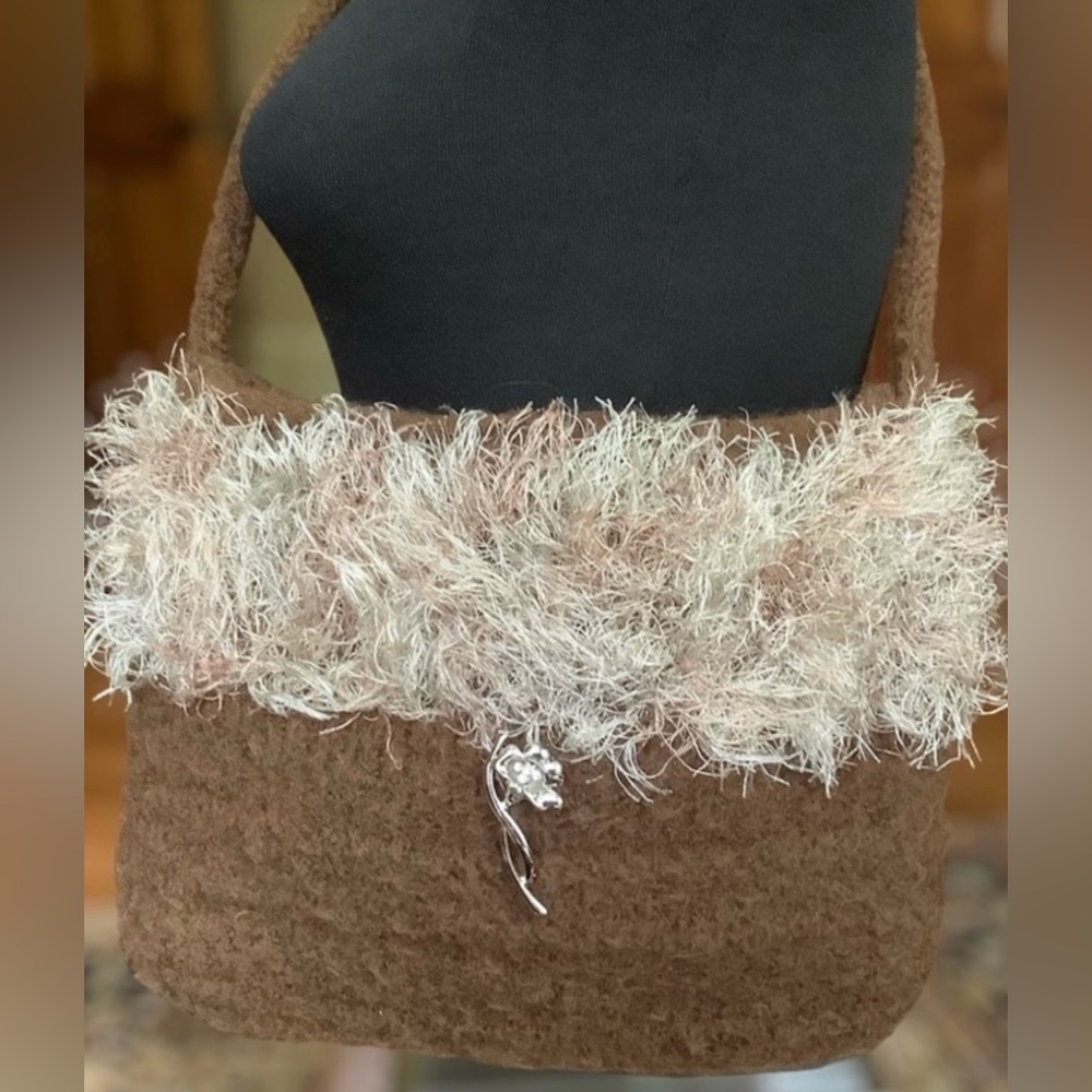 Hand Knitted Felted Wool Party Purse Shoulder Bag Brown